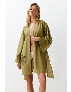 Trendyol Collection Olejovo zelené pásové mini tkané vyšívané 100% bavlnené kimono a kaftan