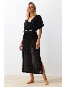 Trendyol Collection Čierne maxi pletené plážové šaty s rozparkom