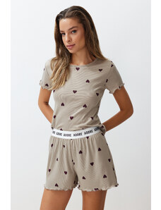 Trendyol Collection Mint Heart Slogan Potlačená guma Detailný rebrovaný pletený pyžamový set