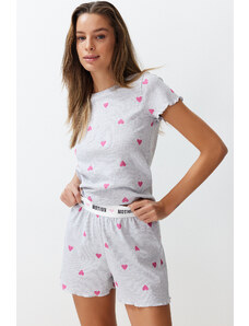 Trendyol Collection Grey Melange Heart Slogan Tlačená guma Detailné rebrované pletené pyžamá