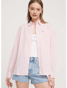 Košeľa s prímesou ľanu Tommy Jeans ružová farba,voľný strih,s klasickým golierom,DW0DW17737
