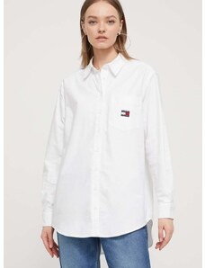 Bavlnená košeľa Tommy Jeans dámska, biela farba, voľný strih, s klasickým golierom, DW0DW17807