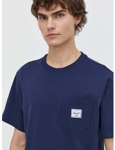Bavlnené tričko Herschel pánsky, tmavomodrá farba, jednofarebný