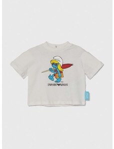 Detské bavlnené tričko Emporio Armani x The Smurfs biela farba, s potlačou