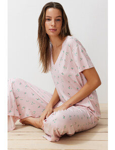 Trendyol Powder-Multicolored Floral Knitted Pajamas Set
