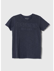 Detské bavlnené tričko Guess fialová farba, s nášivkou