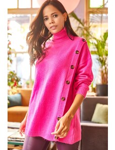 Olalook Women's Fuchsia Soft Textured Oversized Sweater with Side Buttons