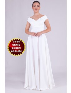 bayansepeti Dámske flexibilné biele šaty z tkaniny Atlas s výstrihom na krk v maximálnej dĺžke 237