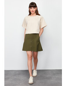 Trendyol Stone-Khaki Parachute Skirt Detailed Crew Neck Midi Knitted Tshirt Dress