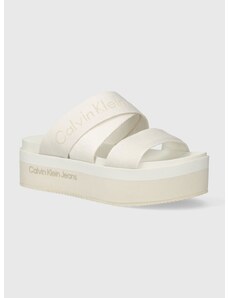 Šľapky Calvin Klein Jeans FLATFORM SANDAL WEBBING IN MR dámske, béžová farba, na platforme, YW0YW01361,
