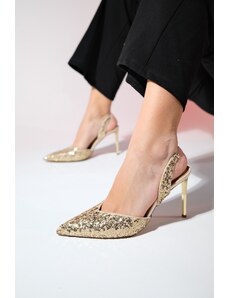LuviShoes OVERAS Zlaté flitrové dámske večerné spoločenské topánky na tenkom podpätku