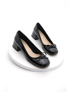 Marjin Women's Chunky Heel Bow Detail Flat Toe Classic Heeled Shoes Medve Black Patent Leather