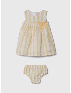 Šaty pre bábätká s prímesou ľanu Guess žltá farba, mini, áčkový strih