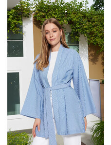 Trendyol Modest Blue Belted Woven Seersucker Stried Kimono & Kaftan