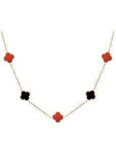 MINET Pozlátený strieborný náhrdelník CLOVERLEAVES s červeným achátom a ónyxom Ag 925/1000 12,80g