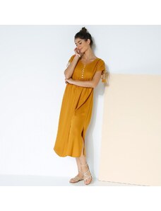 Blancheporte Midi jednofarebné šaty s krátkymi rukávmi okrová 040