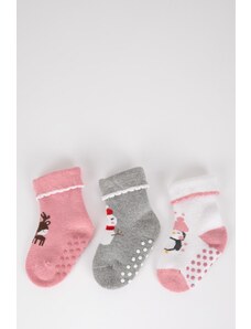 DeFacto 3-dielne bavlnené dlhé ponožky s novoročným motívom pre dievčatko