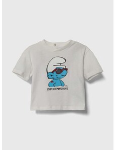 Detské bavlnené tričko Emporio Armani x The Smurfs béžová farba, s potlačou