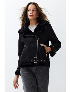 Trendyol Collection Čierny plyšový detailný semišový motorkársky kabát s opaskom