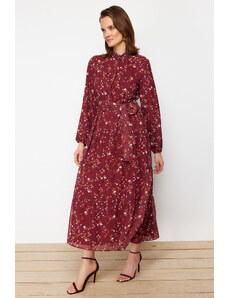 Trendyol Modest Bordové kvetinové vzorované šifónové tkané šaty s golierom s opaskom