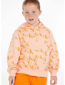 Detská mikina Calvin Klein Jeans oranžová farba, s kapucňou, vzorovaná