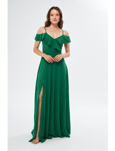 bayansepeti Dámske dlhé zelené šaty s pružným krepovým popruhom s golierom s volánovým dizajnom a rozparkom na hrudi 582190