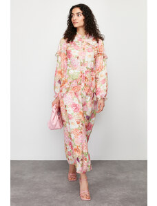 Trendyol Pink Floral Ruffle Detailed Lined Woven Chiffon Dress