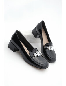 Marjin Women's Chunky Heel Stony Flat Toe Classic Heeled Shoes Lendina Black Patent Leather