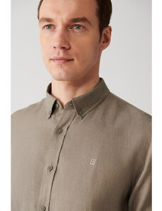 Avva Men's Light Khaki 100% Linen Buttoned Collar Comfort Fit Shirt