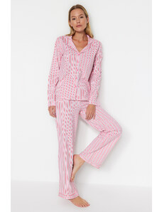 Trendyol Collection Ružová 100% bavlna pruhovaná košeľa-nohavice Pletené pyžamá