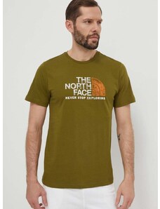 Bavlnené tričko The North Face pánske, zelená farba, s potlačou, NF0A87NWPIB1