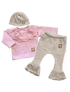 Baby Nellys Pletená súpravička s volánikom Heart, 3D, kabátik, nohavice a čiapočka, ružová/béžová