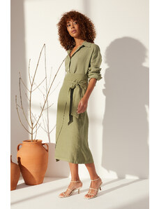 Trendyol Collection Zelená 100% ľanová viazaná midi sukňa