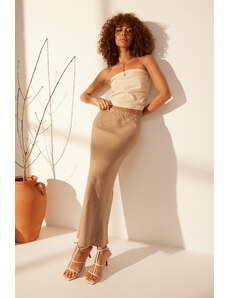 Trendyol Collection Norková 100% ľanová midi sukňa s vysokým pásom a elastickým pásom