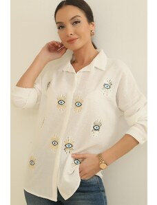 By Saygı Eye Pattern Oversized Crepe Linen Shirt With Sequin Embroidery.