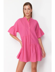 Trendyol Collection Ružové Wide Fit mini tkané volánikové plážové šaty