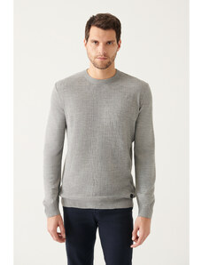 Avva Pánsky sivý pletený sveter s úzkym výstrihom s rybou kosťou A22y5071