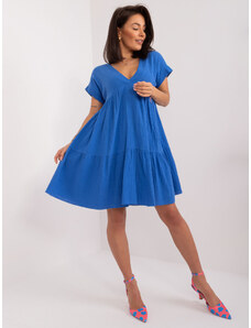 ITALY MODA Modré rozšírené šaty s volánom a véčkovým výstrihom