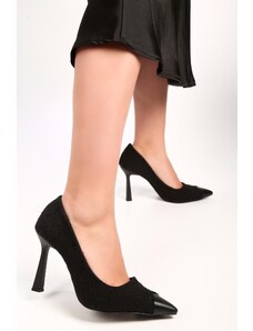 Shoeberry Women's Oes Black Fabric Heeled Shoes Stiletto