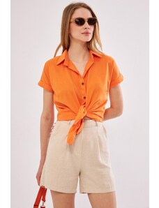 armonika Women's Orange Short Sleeve Linen Shirt