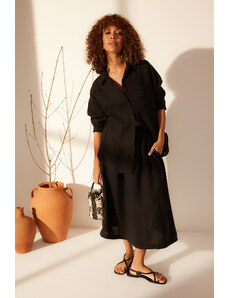 Trendyol Collection Čierna 100% ľanová elastická midi sukňa v páse