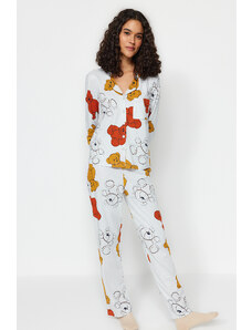 Trendyol Collection Šedá 100% bavlna plyšový medvedík vzor košeľa-nohavice pletené pyžamá súprava