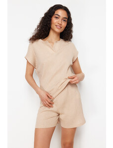 Trendyol Collection Béžová bavlnená súprava pleteného pyžama so šnúrkou