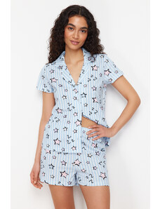 Trendyol Collection Modro-viacfarebná bavlnená súprava pruhovaného pleteného pyžama s hviezdicovým vzorom