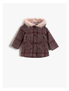 Koton Baby Girl Collar Shearling Coat, Plaid Hooded, Baby Girl Collar Shearling Coat, Plaid Hooded