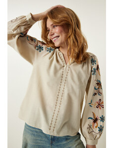Happiness İstanbul Women's Cream Embroidery Detail Linen Blouse