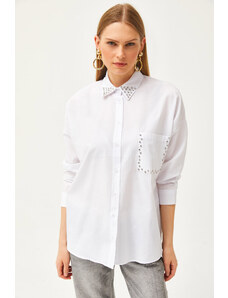 Olalook Dámska tkaná košeľa s bielym golierom a vreckom