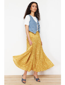 Trendyol Modest Horčicová kvetinová vzorovaná skladaná elastická tkaná sukňa v páse