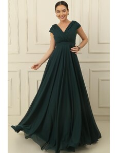 By Saygı Double Breasted Neck Nail Sleeve Full Circle Flared Lined Chiffon Tulle Long Dress