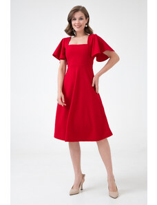 vuvutasarım Červená flexibilná potápačská krepová tkanina so štvorcovým výstrihom s rukávom Detailné červené midi šaty 082